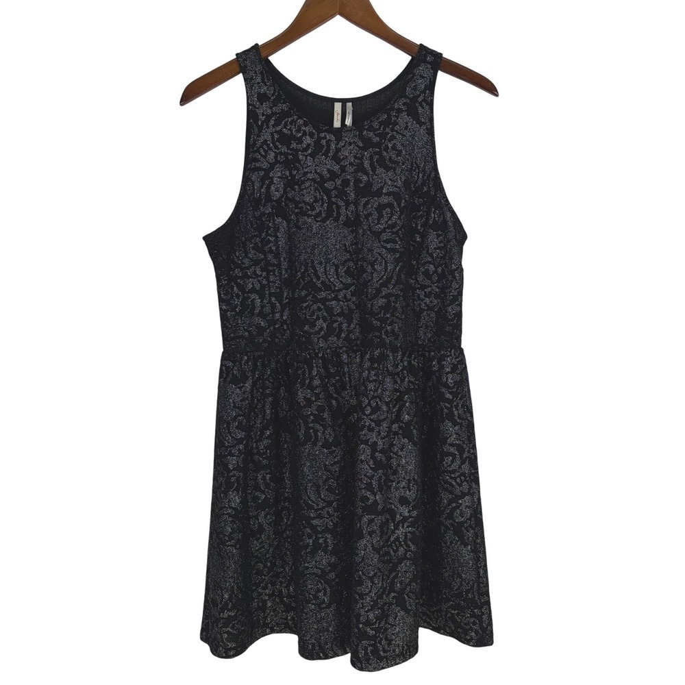 Frenchi Fit & Flare Dress Small Black Silver Metallic Jacquard Chic Whimsigoth